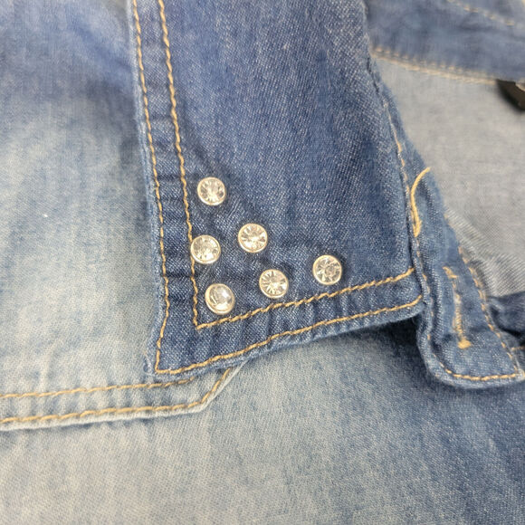 Cotton Express Shirt Womens Large Petite‎ Blue Top Chambray Roll Tab Button Up - Picture 14 of 15